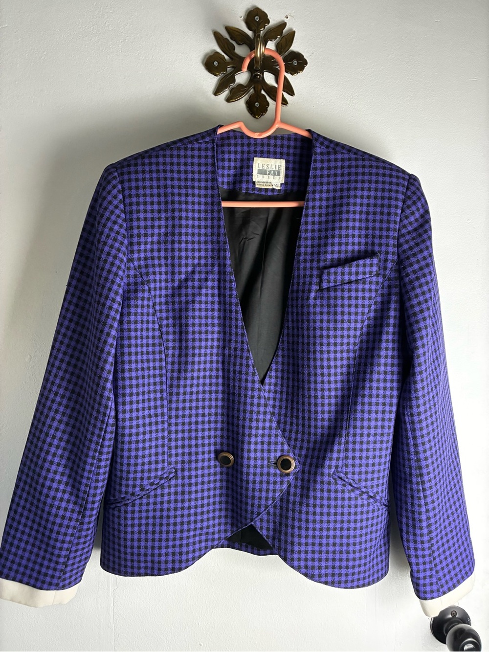 Leslie Fay Purple and Black Houndstooth Double-Button Blazer